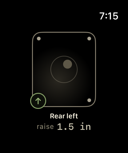 FlatPad on Apple Watch showing raise rear left 1.5 inches